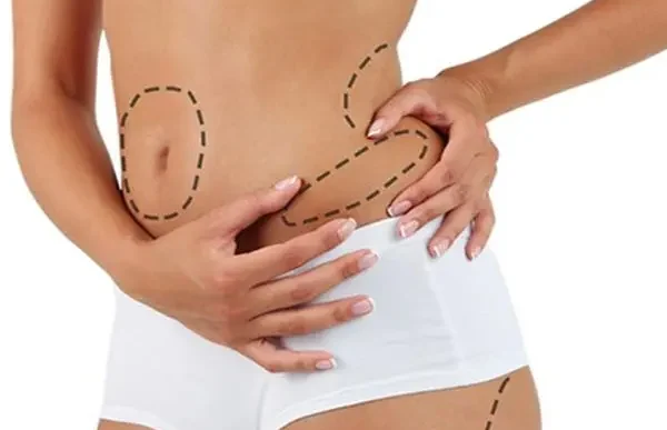 Female body hugging the abdomen, with dotted lines suggesting contour.