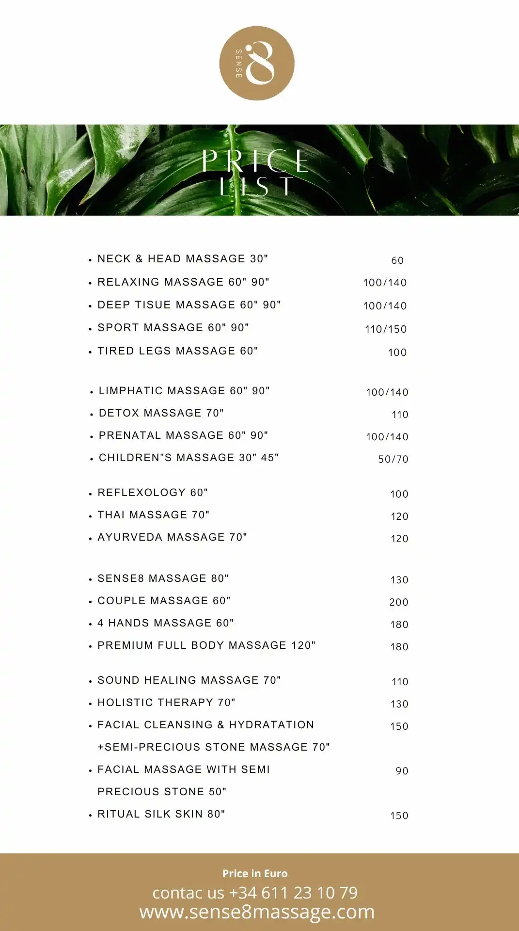 List of products and prices on a background of green leaves.