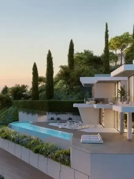 View of a modern villa with swimming pool and gardens, surrounded by greenery.