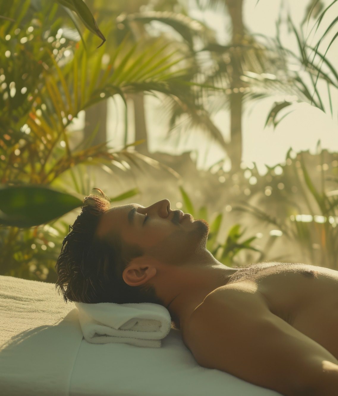 Man on a massage table in the garden of his villa receiving a massage