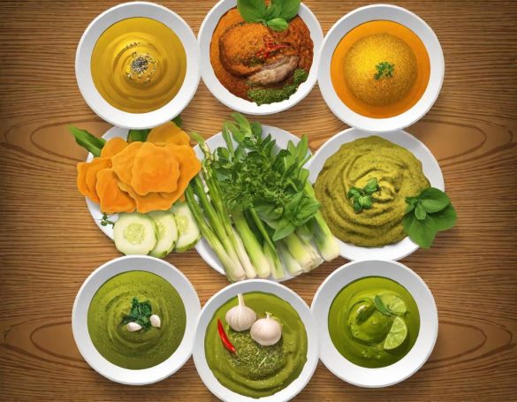 Various colored sauces and dips in plates on a wooden table.