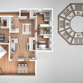 Architectural plan of a house with distribution of rooms and furniture.