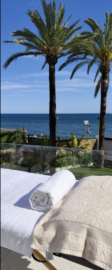 Terrace with massage table and palm trees, overlooking the sea under a sunny sky.