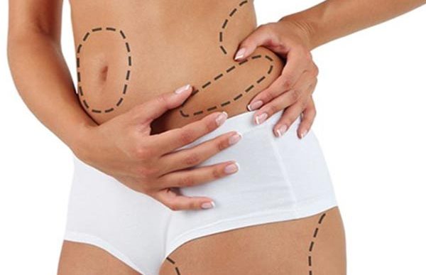 Female body hugging the abdomen, with dotted lines suggesting contour.