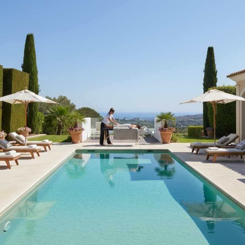 Poolside scene with a masseuse giving a massage outdoors in an exclusive villa in Marbella
