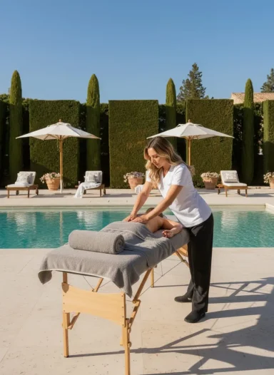 Massage Therapist at Home in MARBELLA Therapist sets up a massage table next to a swimming pool and parasols.